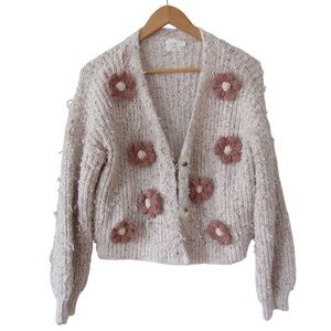Luna Ivy Knit Cardigan Sweater Large 3D Floral  Cropped Cottagecore Blush FLAWS